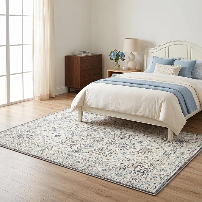 Vintage Washable Area Rug 5x7, Non-Slip Low-Pile Elegant Persian Carpet for Living Room Bedroom Office Dining Room, Stain Resistant Traditional Indoor Rug, Neutral Cream Blue