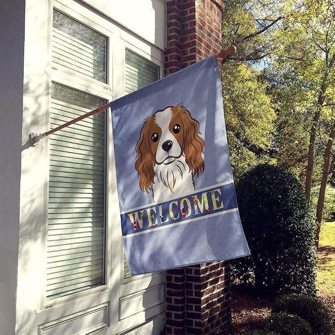 Caroline's Treasures BB1410CHF Cavalier Spaniel Welcome House Flag, Blue Large Porch Sleeve Pole Decorative Outside Yard Banner Artwork Wall Hanging, Polyester, House Size, Multicolor