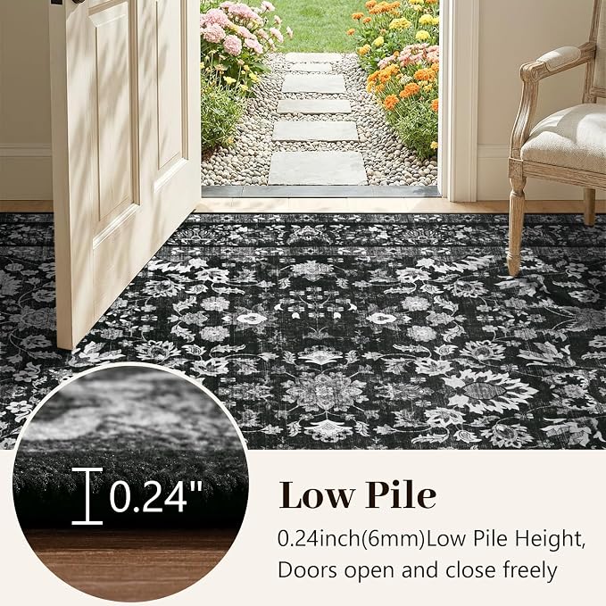9x12 Ft Extra Large Area Rugs for Living Room, Soft Non-Slip Machine Washable Rug, Vintage Stain Resistant Carpets for Bedroom Nursery Dining Room Home Decor (Black)