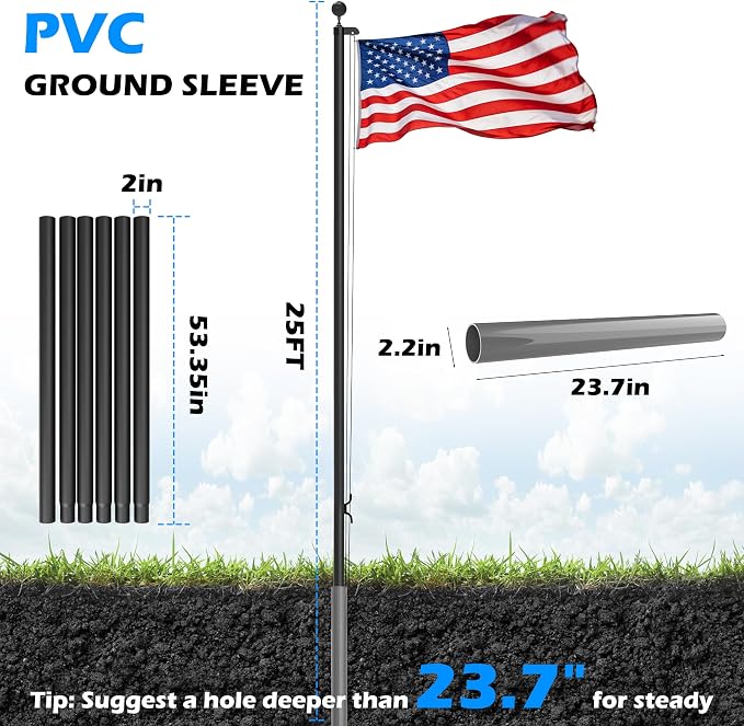 25FT Aluminum Flag Pole Kit for Outside House, Black Ball Topper, 3x5 Embroidered American Flag, Tangle-Free Flagpoles for Yard, Garden, Residential & Commercial Use