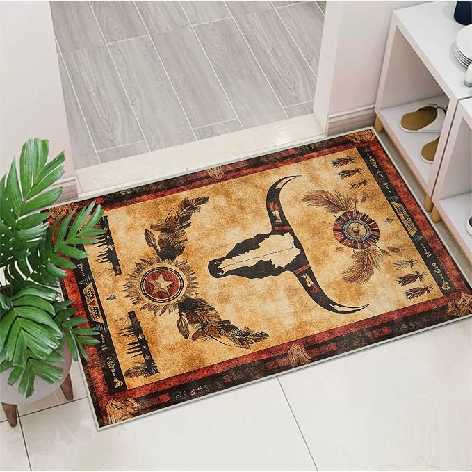 Western Area Rug Southwestern Cow Washable 2x3 Navajo Tribal Rugs for Living Room Bedroom Cowboy Rustic Non-Slip Soft Floor Large Carpet for Office Entryway Bathroom