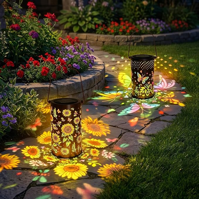 2 Pack Colorful Solar Lanterns Outdoor Waterproof - [Sunflower + Butterfly] - Decorative Outdoor Solar Hanging Lanterns for Porch Courtyard Table Path Garden Decor, Gifts for Mom Wife Grandma Women