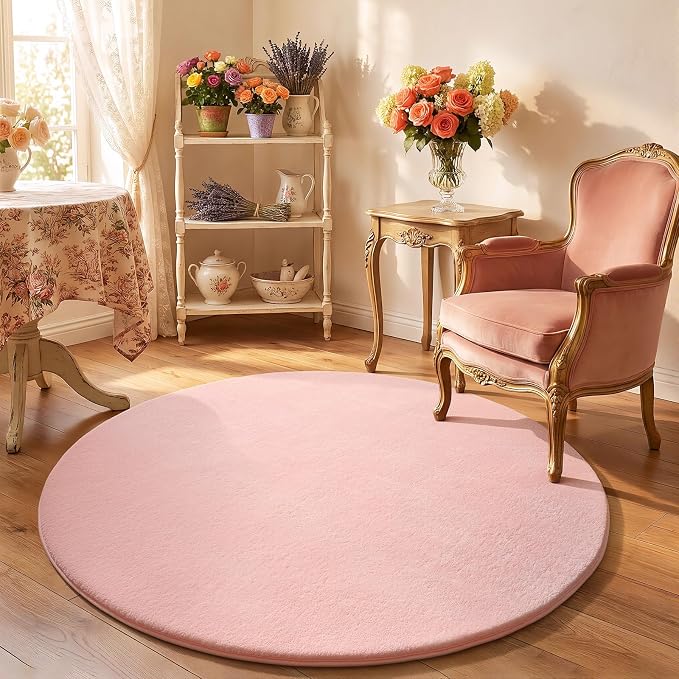 Amearea Pink Round Area Rug 4ft Washable Circle Rug for Bedroom Living Room | Fluffy Indoor Thickened Memory Foam Rugs, Non Slip Minimalist Circular Carpet for Kids Boys Girls Dorm Nursery Room Decor