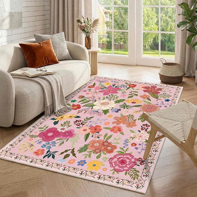 Latte&Fog Washable Pink 4x6 Area Rug for Entryway Cute Floral Rugs | for Girls Bedroom Dining Kitchen Kids Playroom Nursery Classroom Dorm Farmhouse Office, Non Slip Low Pile Soft Floral Carpet