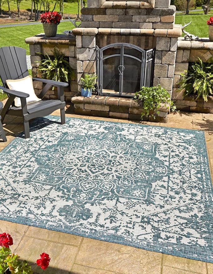 Jill Zarin Jill Zarin Outdoor Collection Area Rug - Dubai (13' Square, Teal/Ivory)