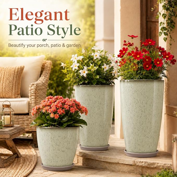 Neoaider Set of 3 Tall Planter, 24/21/12in Large Plastic Planter, DripGlaze | Ceramic-Look, Lightweight, Built-in Drain Hole, Saucers, Tall Outdoor Planter for Porch, Garden, Patio, Balcony