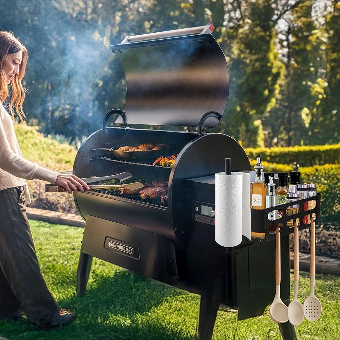 Storage Bin for Traeger Grills,BBQ Basket with Paper Towel Holder,7 Metal Hooks Compatible with Traeger Pro 20/22/34/575/780, Ironwood 650, Z Grills, Pit Boss Pellet Grills Black