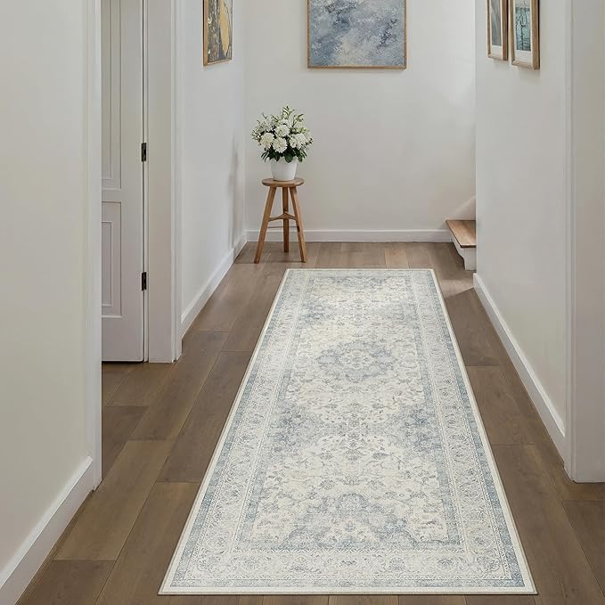 2x6 Blue Washable Runner Rug Non Slip Vintage Carpet | Low Pile, Stain Resistant, Living Room, Kitchen, Bedroom, Entryway, Laundry Room, Hallway, Soft, Thin, Lightweight