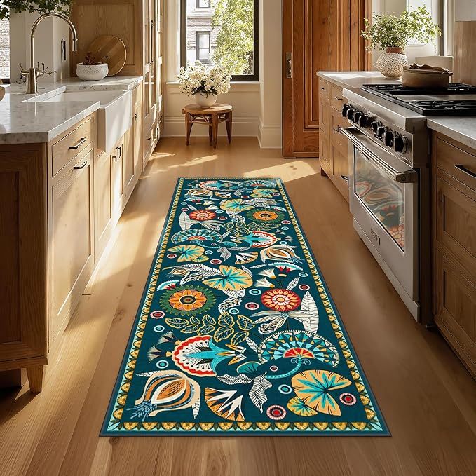 Joydeco Egypt Floral Boho 2x6 Washable Kitchen Hallway Bathroom Rug Runner | Dark Green Botanical Colorful Non Slip Stain Resistant Low Pile Flower Indoor Carpet Runner for Entryway Laundry Room Bedroom