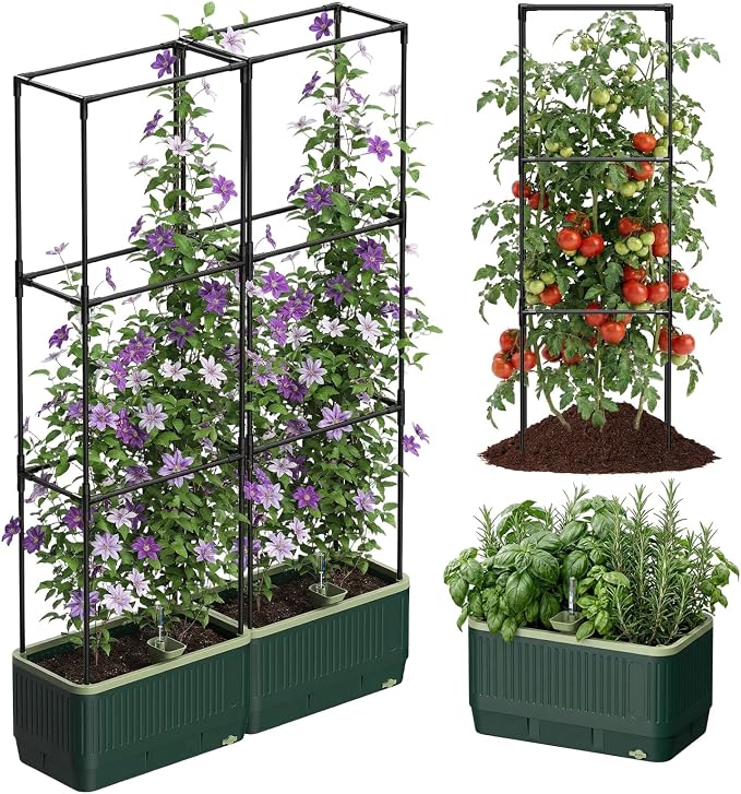 Raised Garden Bed Planter Box with Trellis, Self Watering Tomato Planters for Climbing Plants, Tomato Cage Trellis for Vegetables & Vine Flowers Indoor Outdoor Patio (Dark Green, 51.2In(2PCS))