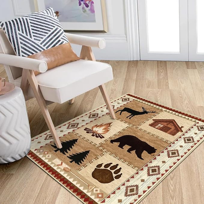 Cabin Bear Rustic Rug 2x3 for Entryway Lodge Deer Wildlife Country Area Rug Farmhouse Animal Western Door Mat Machine Washable Non-Slip Printed Low-Pile Carpet for Kitchen Bathroom Laundry Room