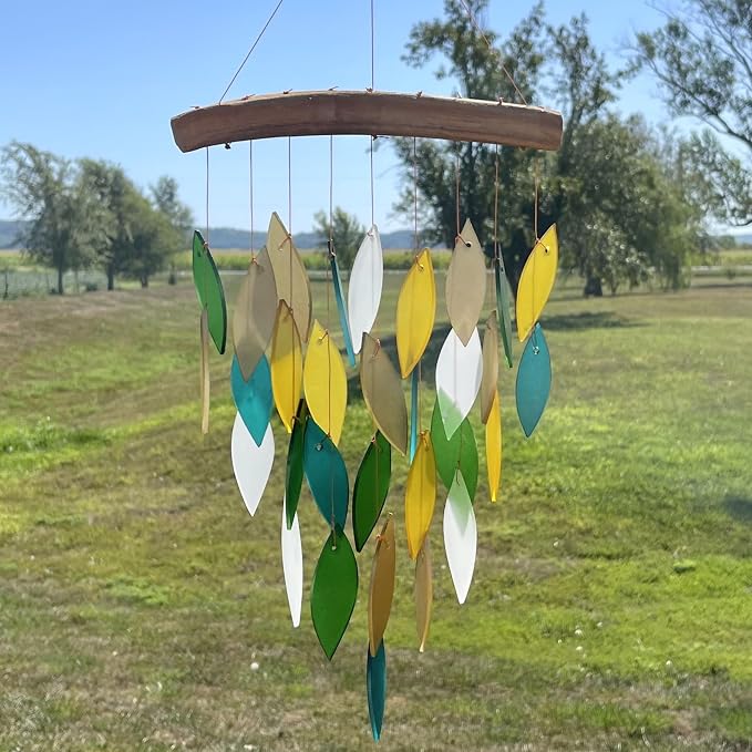 Blue Handworks Rainforest Waterfall Glass Wind Chime | Handcrafted Waterfall Glass Wind Chime in Deep Emerald Green, Bold Gold, Chartreuse Yellow, Dark Teal and Frosted White