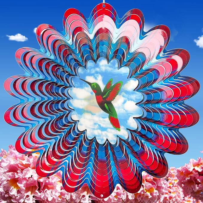 Hummingbird Wind Spinner - 3D Animated Wind Spinners, Garden Decor | 12 inch Kinetic Hanging Sculpture - Creates Flying bird Animation Effect. Outdoor Decoration, Gifts for Women/Men & Christmas