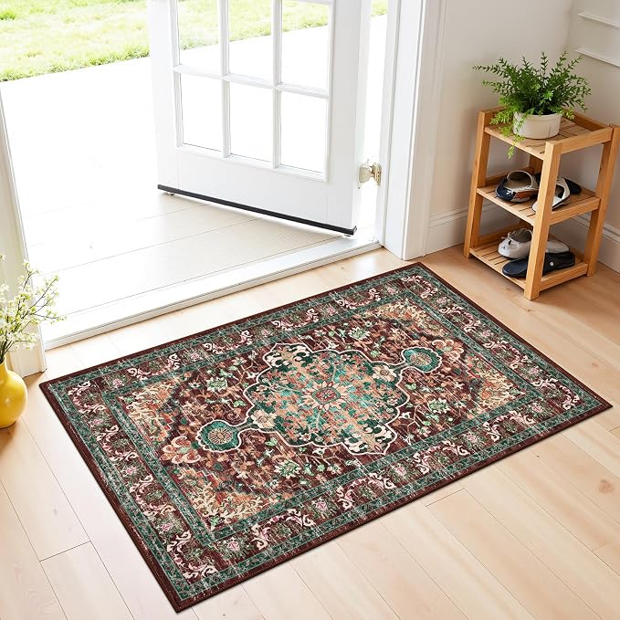 U'Artlines Boho Front Door Mat, 2x3 Machine Washable Rug, Rust＆Teal | Low Pile, Non Slip, Ultra-Thin Soft Floor Carpet, Vintage, Accent Rug for Living Room Bedroom Dining Room Office