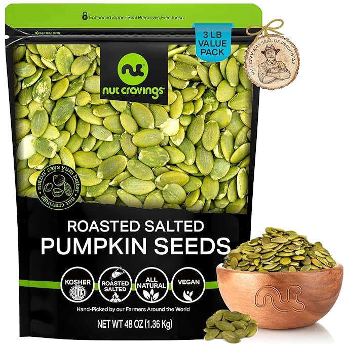 NUT CRAVINGS - Roasted & Salted Pumpkin Seeds, Pepitas, No Shell (48oz - 3 LB) Packed Fresh in Resealable Bag - Nut Snack - Food Assortments