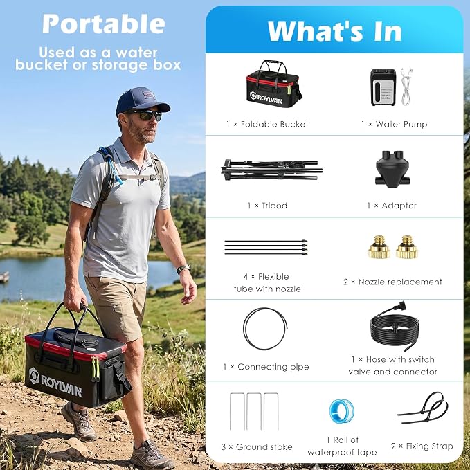 Roylvan Portable Misters for Outside Patio, Outdoor Water Cooling Misting Systems with 6000mAh Water Pump, 20L Bucket, Height Adjustable Standing Mister with 4 Nozzles for Backyard Garden Pool Patio
