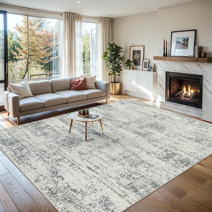 PLHXFR 9x12 Area Rug Living Room: Modern Abstract Washable Carpet Grey | For Bedroom Dining Room Farmhouse Nursery Home,Machine washable,Non Slip,Large Soft Neutral,Stain Resistant, Indoor Floor