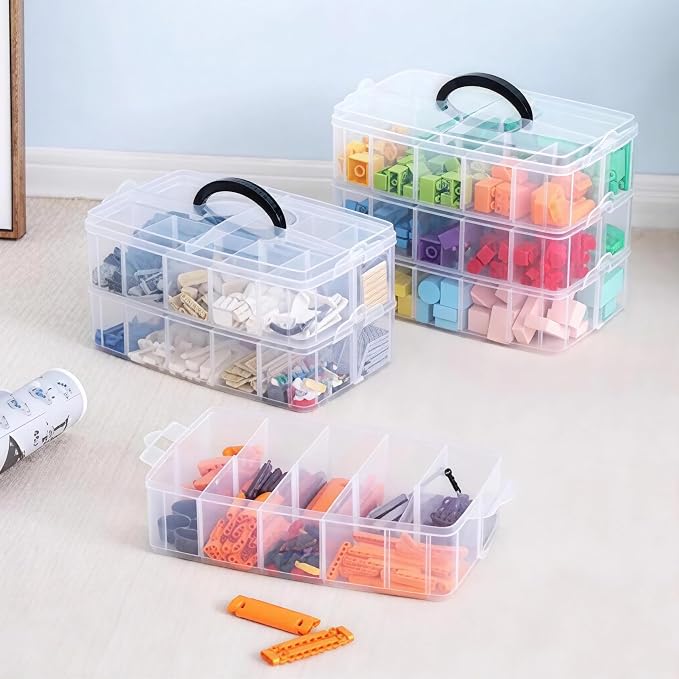 Sooyee 3-Layer Things & Crafts Storage Box, Large | 30 Adjustable Compartments, For Washi Tape, Embroidery Accessories, Threads Bobbins, Kids Toy, Nail Polish, Jewelry