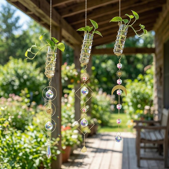 HDCRYSTALGIFTS 3pcs Crystal Suncatchers with Plant Propagation Tubes for Window Wall Hanging, Mini Flower Vase Glass Planter Stations for Hydroponics Home Garden Office Decoration Plant Lover Gift