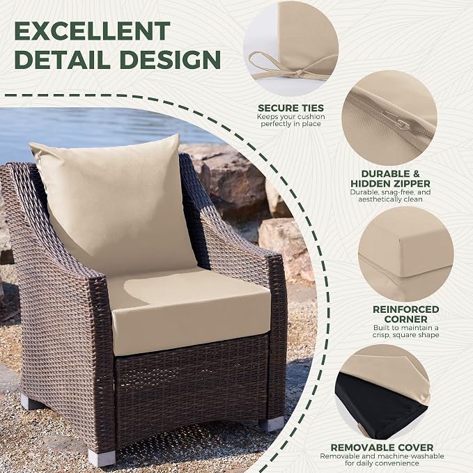 Outdoor Cushions for Patio Furniture, Outdoor Seat Cushion Set 24 x 24 x 5.75 in, Waterproof & Fade Resistant Outdoor Chair Cushions, Patio Chair Cushion with Removable Cover, Set of 4, Beige