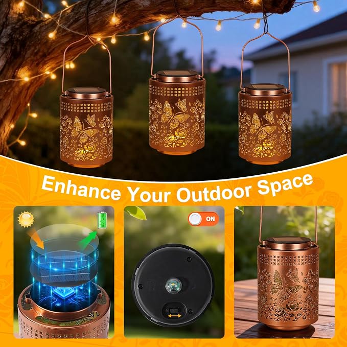 Solar Lanterns Outdoor Waterproof Butterfly Garden Decor Gifts for Women Mom Grandma, Hanging Solar Lights Metal Garden Decoration Outside for Yard, Patio, Backyard, Porch for Gift Card Box Packaging