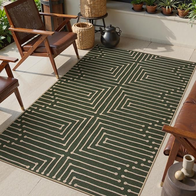Lahome Green 3x5 Entryway Rug, Non Slip Maze Line Easy Jute Washable Rug | Modern Low Pile Non Shedding Lightweight Indoor Outdoor Carpet for Balcony Porch