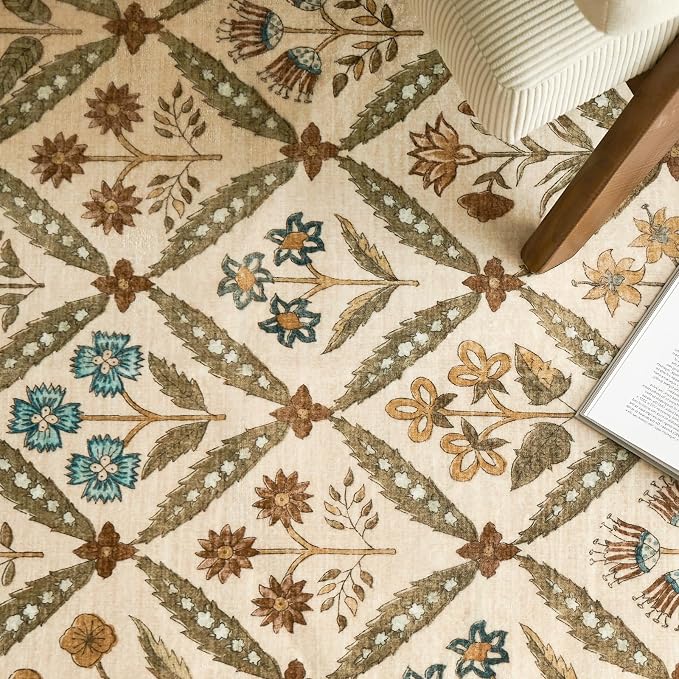 jinchan 5x7 Vintage Floral Washable Living Room Area Rug, Terracotta | Soft & Lightweight, Checkered Floral, Low Pile, Non Slip, Bedroom, Dining Room, Girls Room, Home Office, Cottage Decor