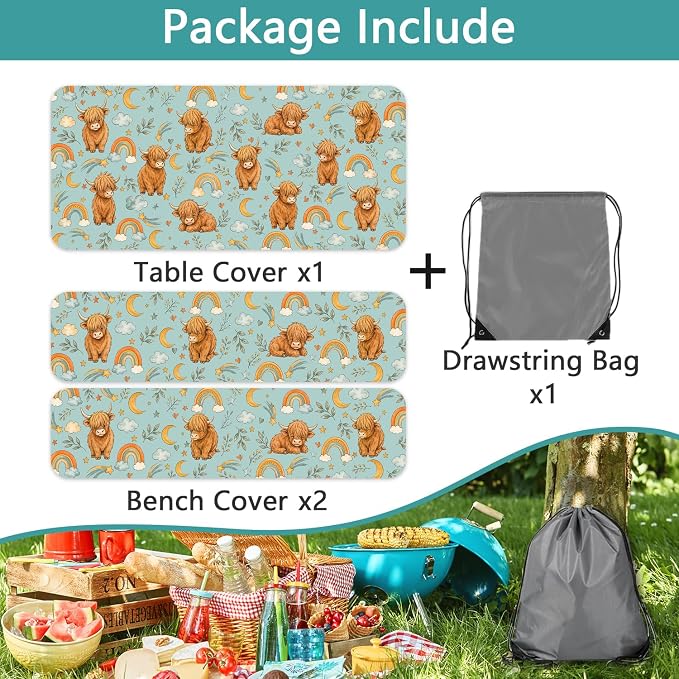 Picnic Table Cover with Bench Covers and Bag, Cute Cow Camping Essentials Waterproof Windproof, Fitted Tablecloth Cover with Elastic Edge, for Indoor & Outdoor, Camping, 3 Pieces Set, 30x72 IN