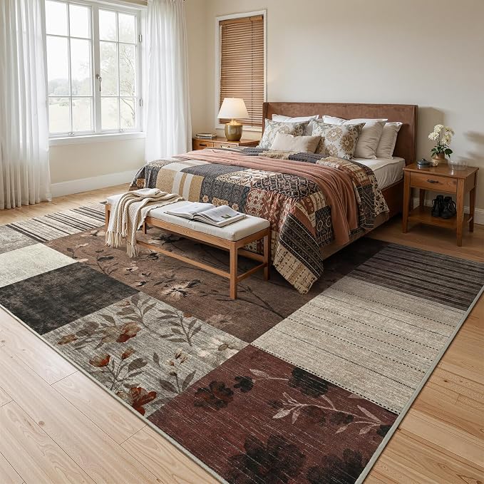 DweIke Area Rugs 5'x7' Washable Brown Rug for Living Room, Non-Slip Modern Geometric Patchwork Stain Resistant Indoor Throw Carpet for Bedroom Dining Room Farmhouse Office Decor