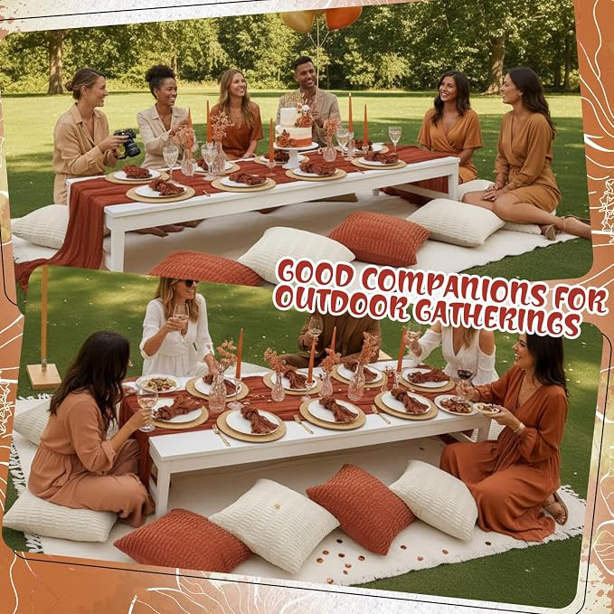 Beeveer 14 Pack Picnic Kit 91 x 71 Inch Extra Large Outdoor Boho Picnic Blanket with Terracotta Table Runner, 6 Throw Pillow Cover 6 Napkin Woven Cotton Yarn Washable Beach Blanket for Camp Wedding