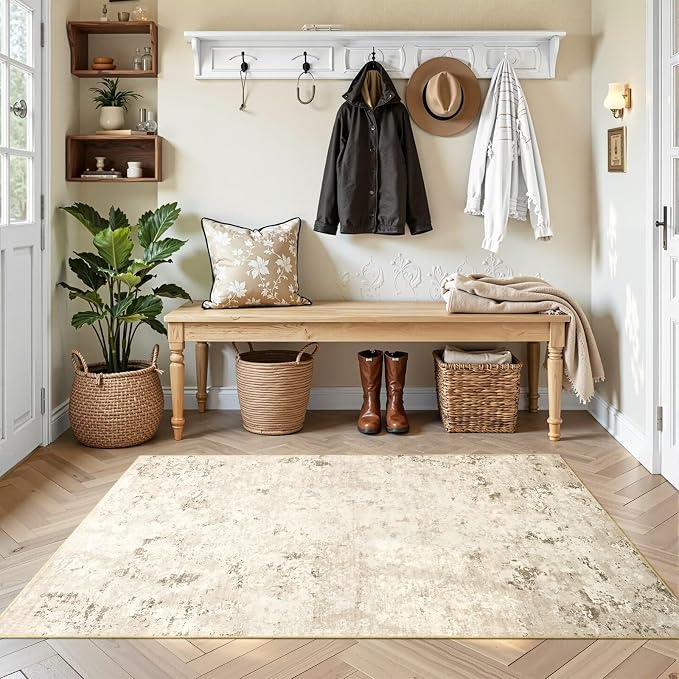 Toneed 3x5 Washable Non Slip Abstract Area Rugs for Bedroom Living Room | Soft Modern Low Pile Rug for Kitchen Hallway Office,Indoor Carpet for Kids Nursery Home Decor, Beige