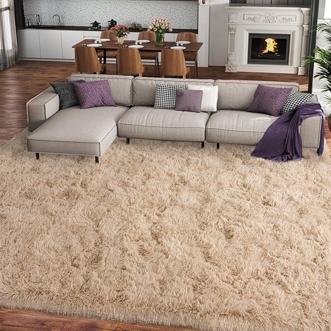 8x10 Large Area Rugs for Living Room, Fluffy Washable Beige | Upgrade Non-slip, 8 x 10 Neutral Big Shag Rug for Bedroom Kids, Modern Shaggy Furry Carpet for Dorm, Flame Resistant