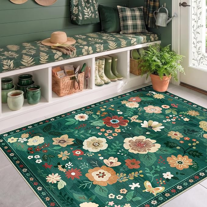 RELEANY Floral Washable 3x5 Area Rugs DarkGreen | Flower Carpet, Print, Boho, Non-Slip, Easy to Clean, Soft, Low Pile for Living Room Bedroom Kitchen Office Entryway Hallway