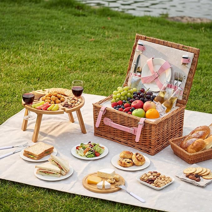 Briwooody Wicker Picnic Basket Set for 4 with Foldable Bamboo Camping Table, Round Bamboo Cutting Board Outdoor Dining Set with Utensils Plates and Blanket for Camping Beach Backyard Party