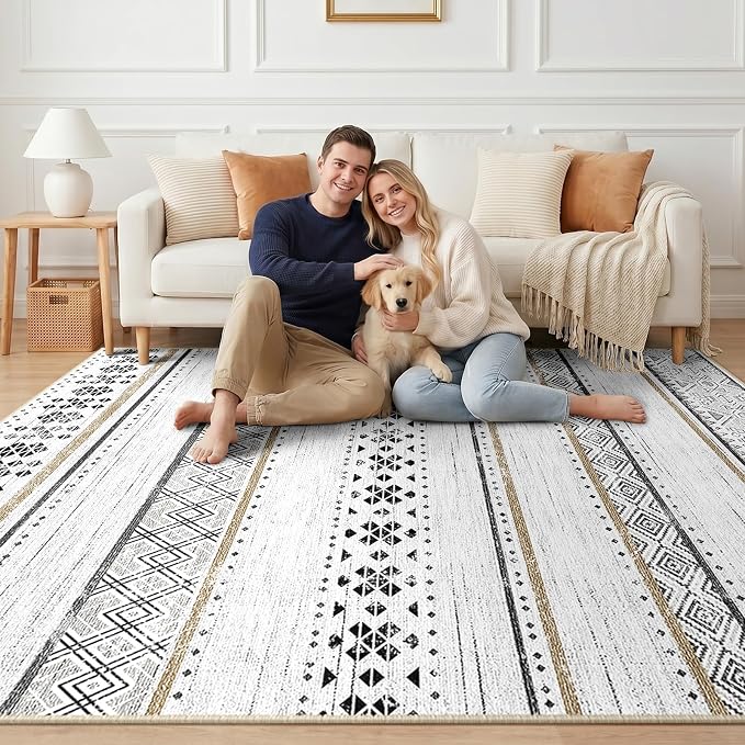 6x9 Area Rugs for Living Room Washable Moroccan Farmhouse Neutral Geometric Low Pile Non-Slip Soft Print Pattern Rug for Bedroom Kitchen Dining Room Entryway Black/Brown | Vacuum Friendly, Machine Washable, Non-Slip Rug, Stain Resistant, Moroccan Geome...