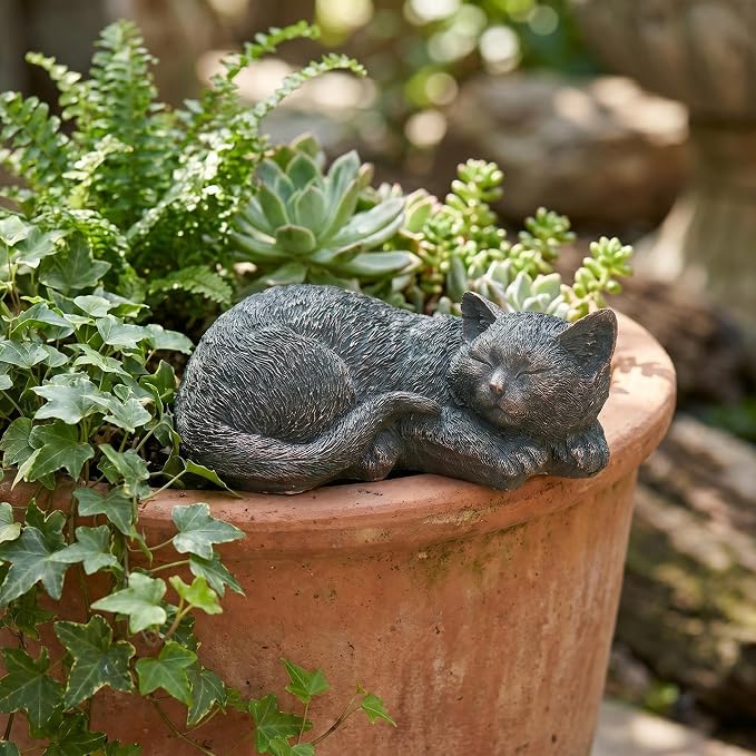 Sleeping Cat Statue Outdoor Garden, Bronze Patina Resin Sculpture, Cat Statues Indoor Outdoor Decor for Garden Patio Yard Lawn, Unique Pet Memorial Ornament, Thoughtful Keepsake Gift for Cat Lovers