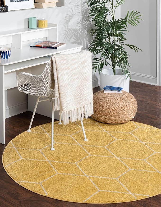Unique Loom Trellis Frieze Collection Area Rug - Geometric (3' Round, Yellow/ Ivory)