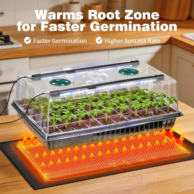 60 Cell Seed Starter Tray Kit with Grow Light, 3.8" Humidity Dome and 20.47" Heat Mat - Indoor Seed Germination Station for Faster Planting, Complete Gardening Kit for Vegetables, Herbs, Microgreens