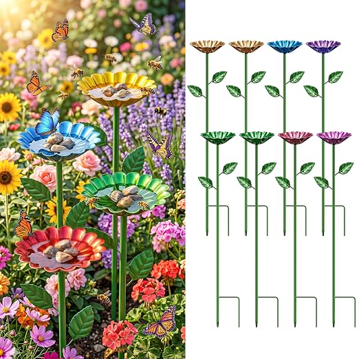 8 Pcs Water Station for Bee Butterfly Pollinator Outdoor Bird Bath Metal Round, Shallow Feeding Bowl for Garden Yard Balcony Color Decor, 3 Height Adjustable Stake Multipurpose Dish for Thirsty Insect
