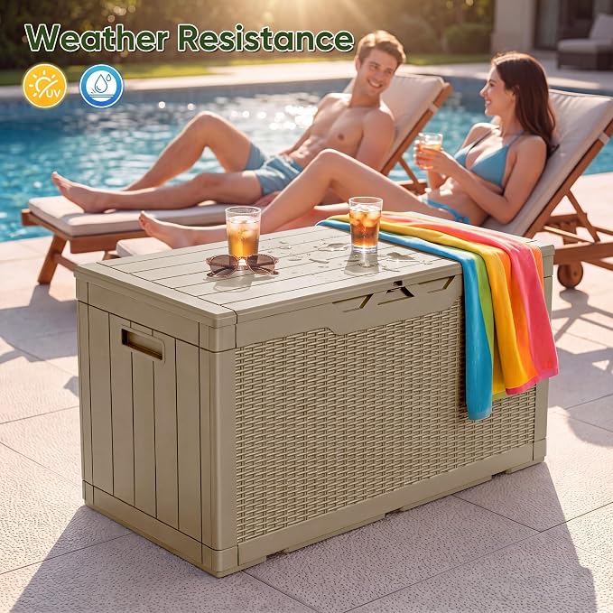 Flamaker Outdoor Storage Box 100 Gallon Waterproof Resin Deck Box Delivery Box with Air Rod Indoor Outdoor Lockable Storage Bench for Patio Cushions, Tools, Pool Accessories (Brown)
