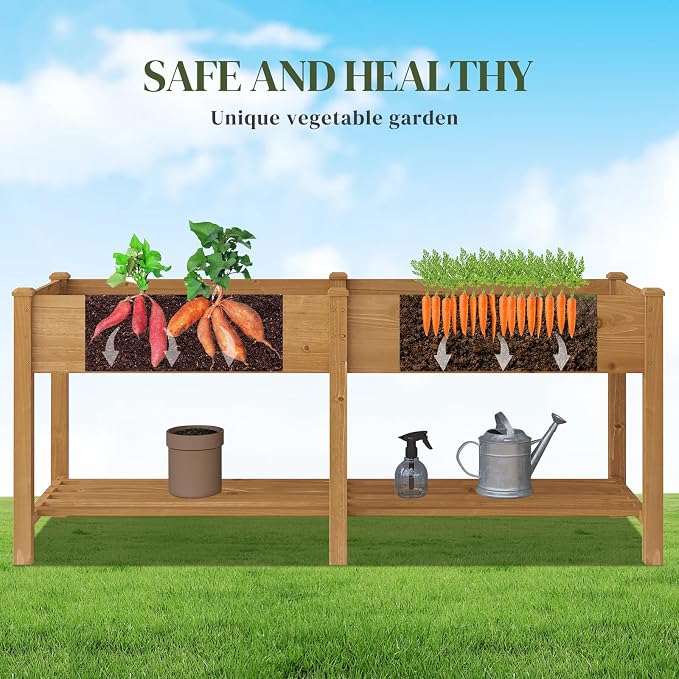 72x24x30.5in Raised Garden Bed Elevated Wood Planter Box with Shelf Garden Planter with Legs for Backyard, Patio, Balcony w/Divider Liner, 300lb Capacity (Brown)