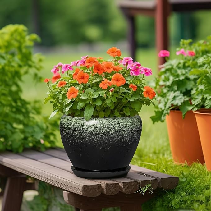 Ceramic Planters for Plants - 10 Inch Flower Pots with Drainage Hole and Saucer, Decorative Patio Planter for Outdoor Plants, Indoor Flower Pot, Home Decor, Gifts for Men Women, Retro Green