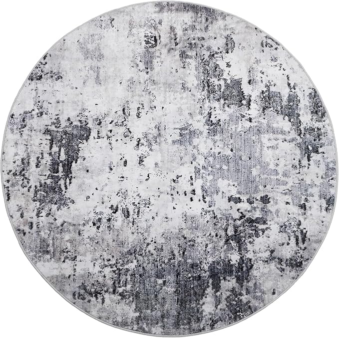 ROYHOME Modern Abstract 8x8 Round Area Rug Non Slip, Grey | Non Shedding Rug Low Pile Stain Resistant for Bedroom Living Room office Dining Room