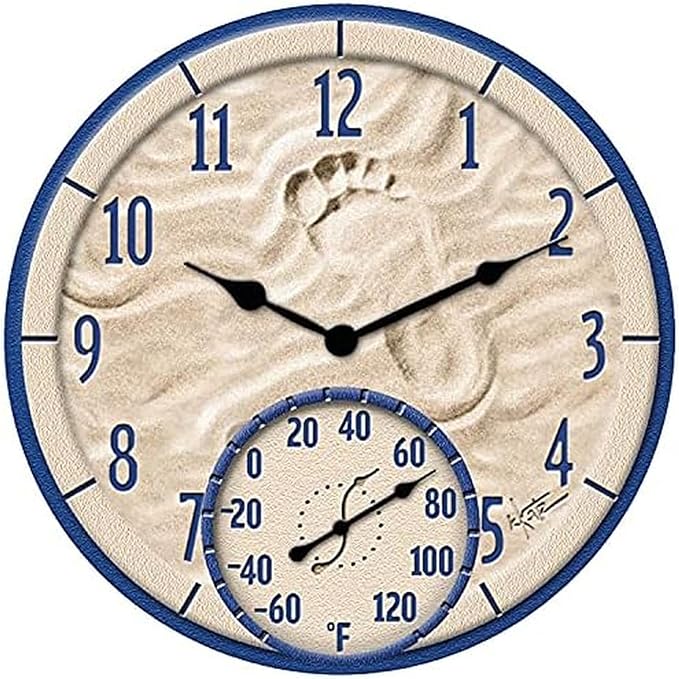 Taylor By The Sea Poly Resin Indoor and Outdoor Clock and Thermometer, Decorative and Easy to Read Large Numbers for Kitchen, Bathroom, Living Room and Indoor Areas, 14-inch, Multi-Color