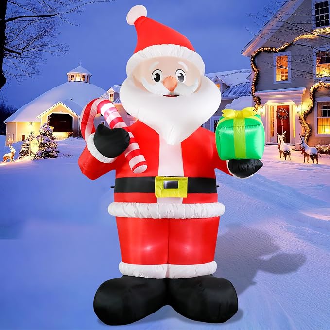 MUMTOP Santa Inflatable Outdoor-Christmas Inflatable Outdoor Decoration - 9.84 FT Giant Inflatables Santa Holding Candy Cane and Gift Box Blow Up for Garden Yard Outside Decor