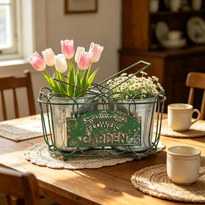 Vintage Green Iron Planter Basket with 2 Metal Flower Pots - Rustic Farmhouse Plant Holder for Indoor Outdoor Balcony, Window Sill, Tabletop Decor (Green#3)