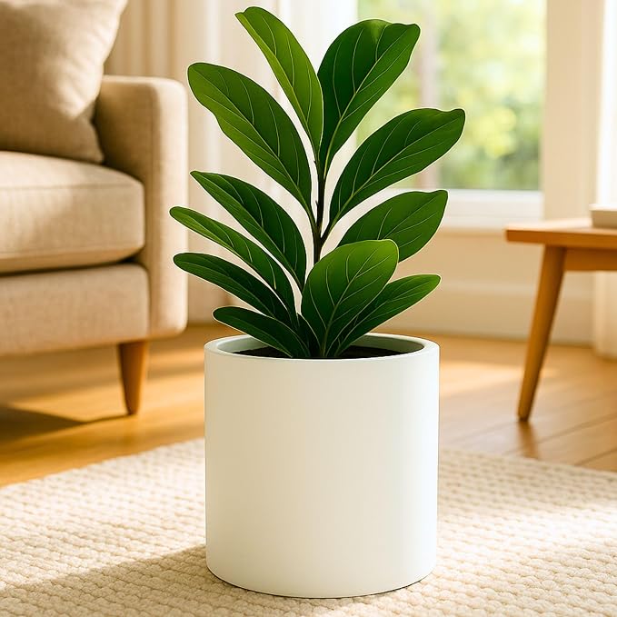Fox & Fern Large Indoor Planter, Modern Large Plant Pot for Indoor or Outdoor, UV and Frost Resistant - 10 Inch, Fiberstone, Matte White Flower Pot with Drainage Plug, Lightweight