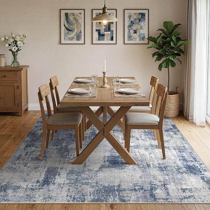 DMOYEST 10x14 Area Rug for Living Room Washable Abstract Indoor Carpet | Neutral Modern Low Pile Rugs Kid & Pet Friendly Large Soft Thin Carpet for Bedroom Dining Room and Office - Dark Blue