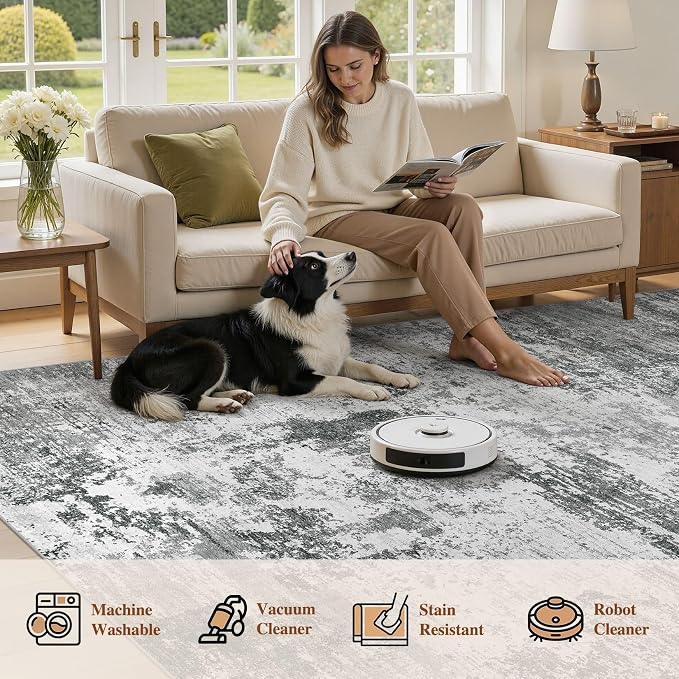 UERMEI 10x14 Area Rug for Living Room - Washable Neutral Modern Abstract Carpet, Non-Slip Soft Large Indoor Floor Rugs for Bedroom Home Office & Under Dining Table Decor, Grey Black
