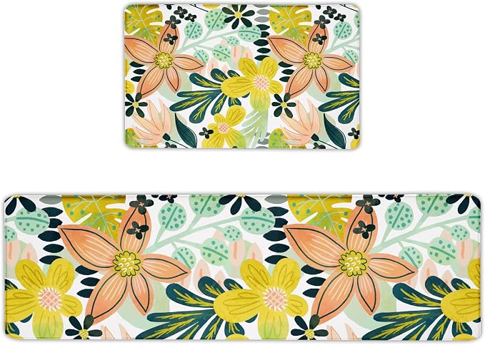 Tyrot Boho Floral Long Kitchen Mats Rugs Sets of 2 Cushioned Anti Fatigue Floor Mat Foam Comfort Kitchen Rugs Farmhouse Style Non Slip Waterproof Mid Century Botanical Standing Mat for Sink Laundry